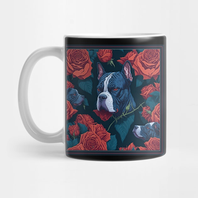 Dogs, pit bull and roses, dog, seamless print, style vector (red roses & pit) by xlhombat